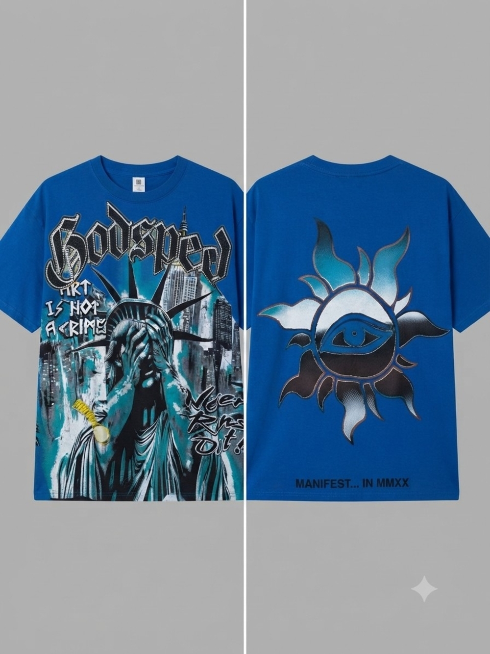 Blue Graphic Godspeed Tee with Statue of Liberty Design